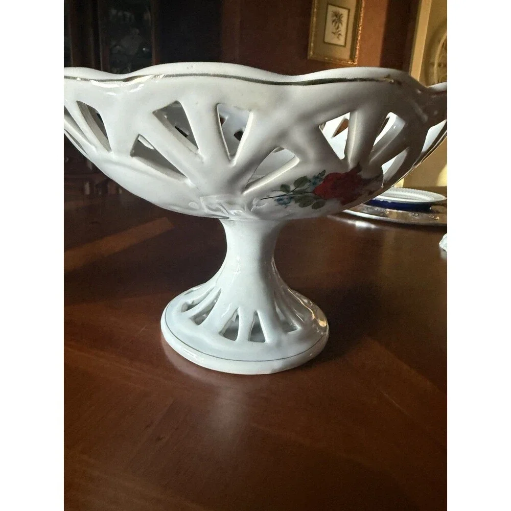 Vintage reticulated compote pedestal dish red roses